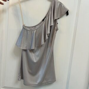 Metallic Silver One-Shoulder Ruffle Top Made in France Size S